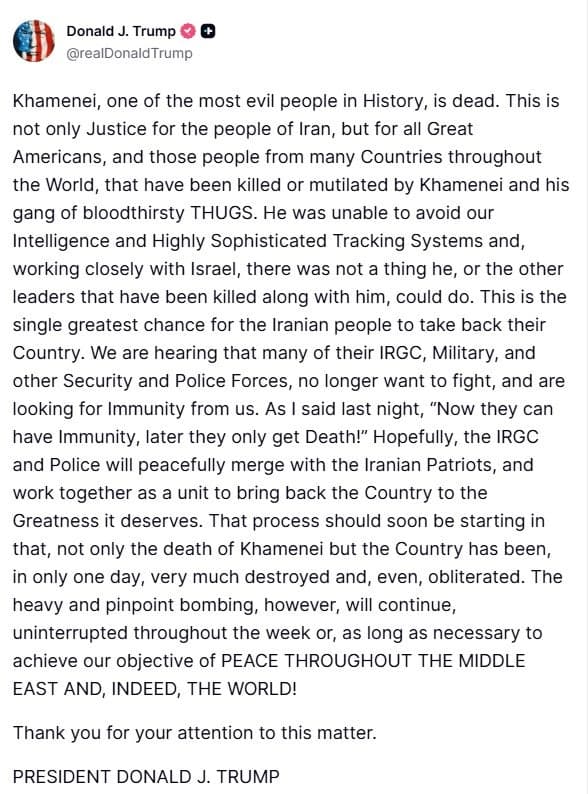 트럼프 "하메네이 공습으로 사망, 이란 혁명수비대 투항하라"
