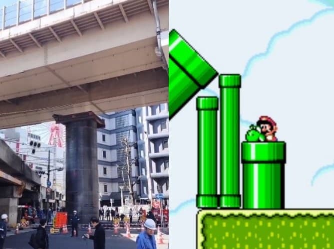 "마리오 실사판인가요" 日 오사카서 땅 속에서 솟아난 10여m 거대 파이프 돌출 소동