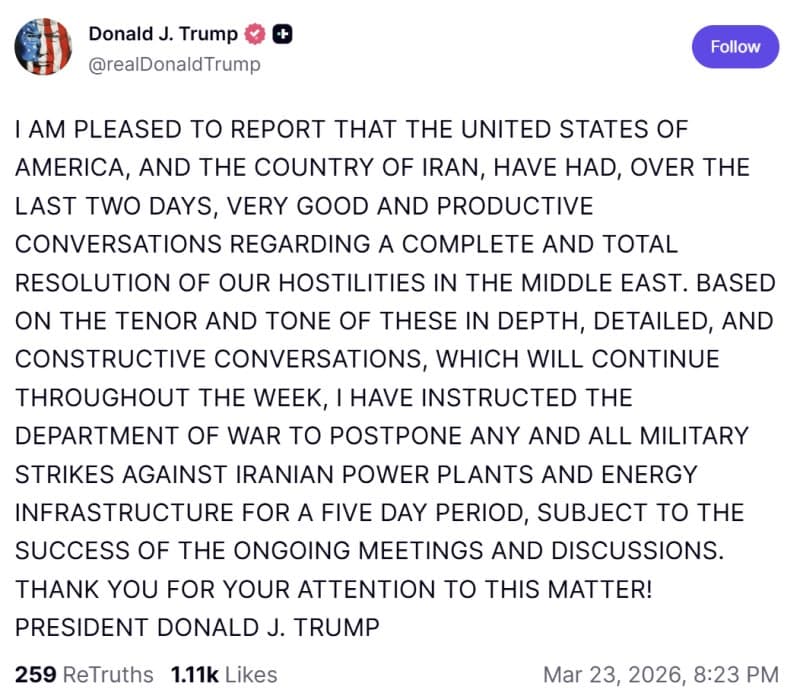 트럼프 "이란과 생산적 대화…발전소·에너지시설 공격 5일간 중단"