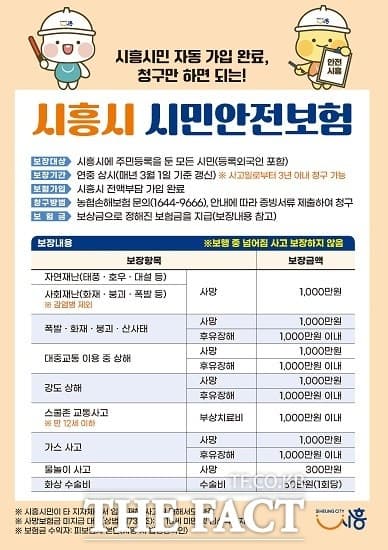 시흥시, 전 시민 자동 가입 '시민안전보험' 연중 운영...사고 시 '최대 1천만원' 보장
