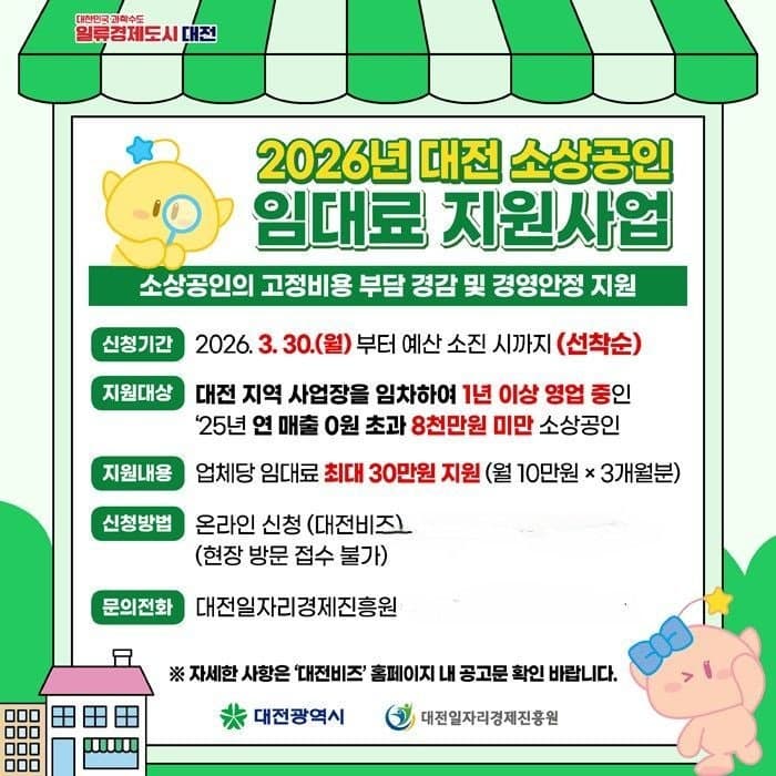 대전시, '소상공인 임대료' 최대 30만원 지원…3년 연속 추진