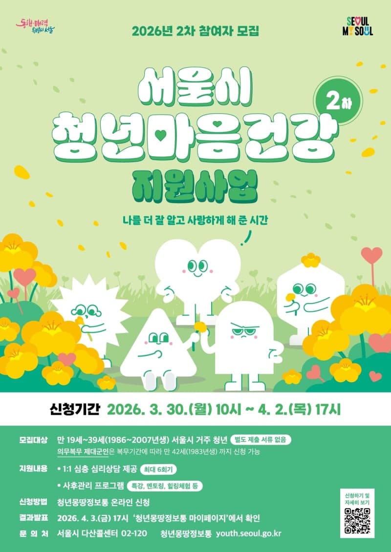 "심리지원 필요한 청년 여기로"…서울시, 마음건강 상담 2차 참여자 2500명 모집