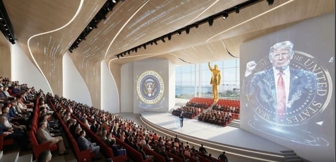 트럼프, 전쟁 중 '트럼프 기념관' 조감도 선보여…주먹 치켜든 대형 황금빛 동상도