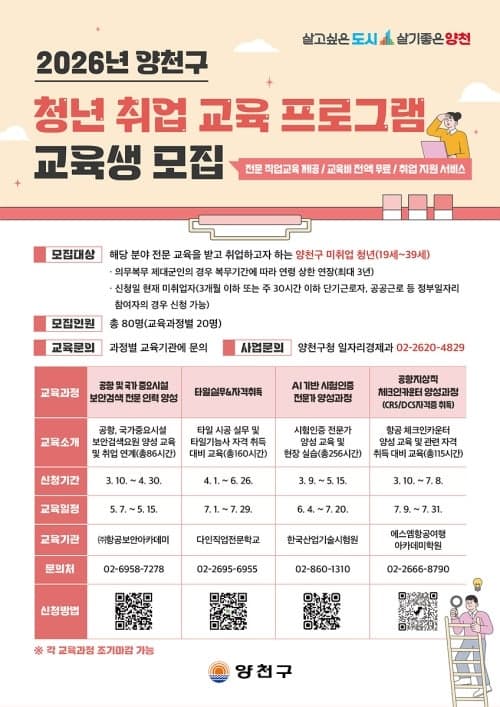 양천구, 청년 취업 성공 지원 '전문가 양성 교육' 4개 과정 운영…80명 모집