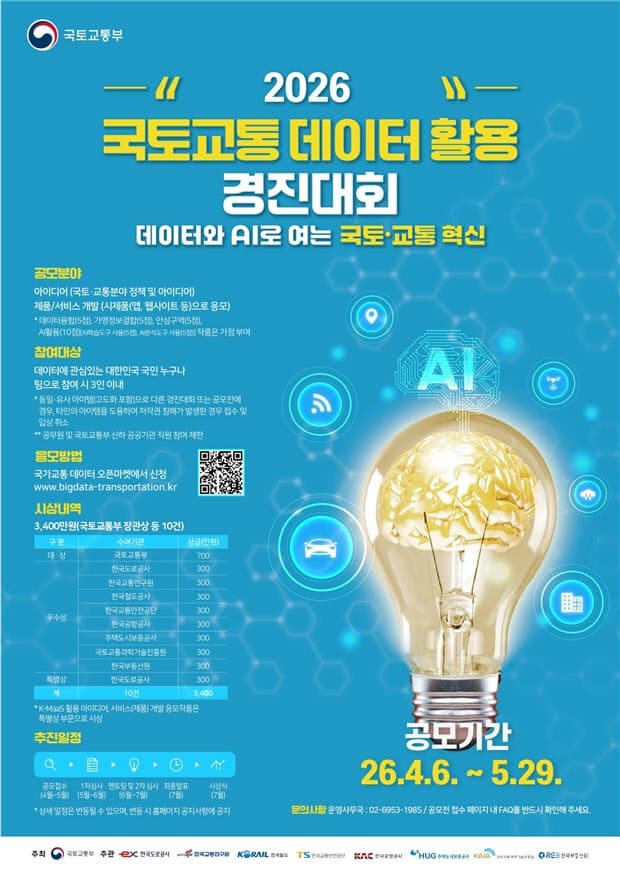 국토부, '국토·교통 데이터 활용 경진대회' 개최…총상금 3400만원 주인공 찾는다