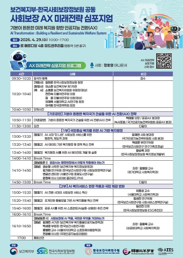 복지부·사회보장정보원, AI 활용 복지·돌봄 정책 혁신 논의…'사회보장 AX 미래전략 심포지엄' 29일 개최