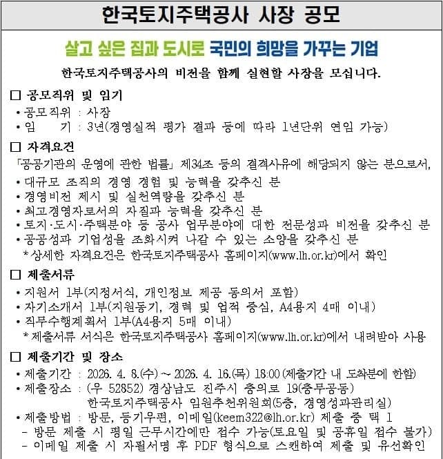 LH, 16일까지 신임 사장 재공모…6개월 공백 메우고 개혁 이끌 외부 인사 임명되나