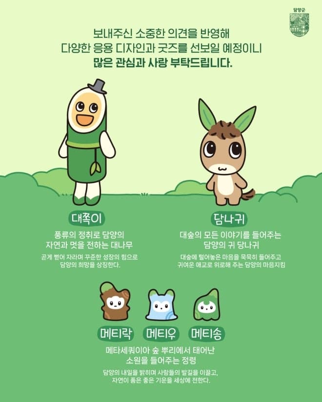 담양군, 새 관광캐릭터 '담나귀·대쪽이·메티' 최종 확정