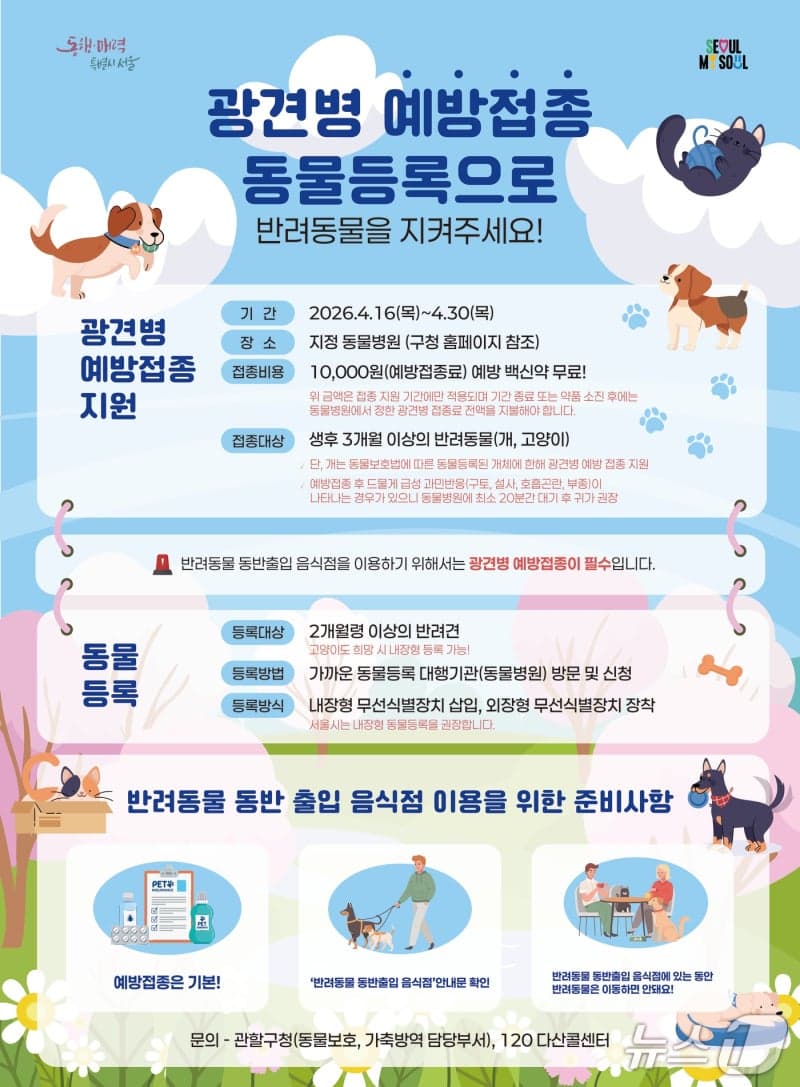 은평구, 16일부터 반려견·반려묘 광견병 예방접종 실시…2200마리 지원