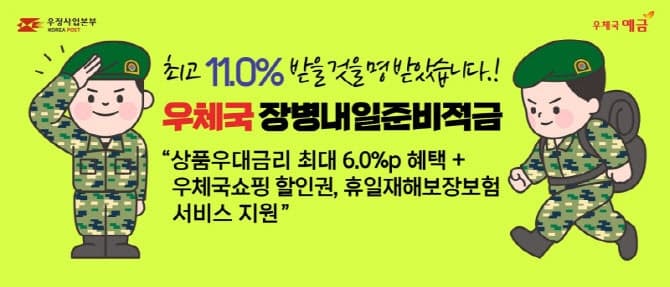 우체국 장병내일준비적금, 금리 최대 연 11%로 확대…전역할 때 '두 배'로 받는다