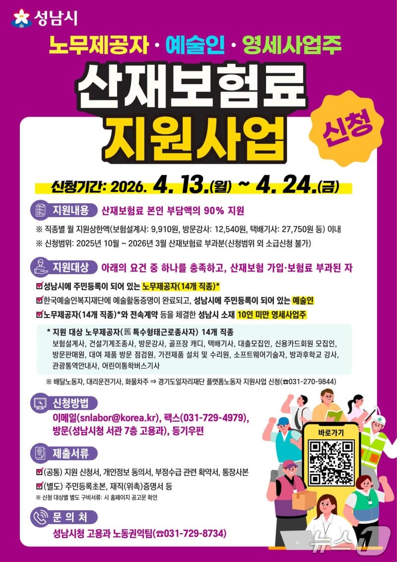성남시, 노무제공자·예술인 산재보험료 지원 상반기 접수