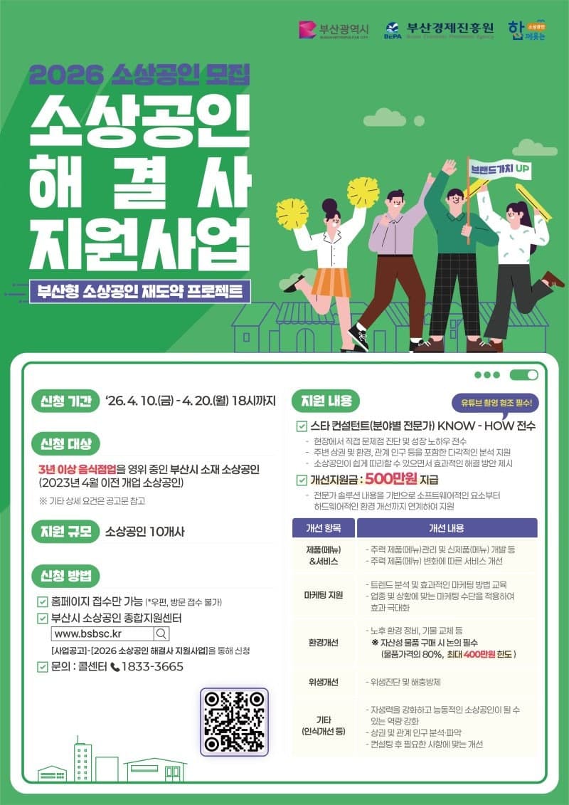 부산시, '소상공인 해결사 지원사업' 참여자 모집…최대 500만원 지원 및 컨설팅 제공