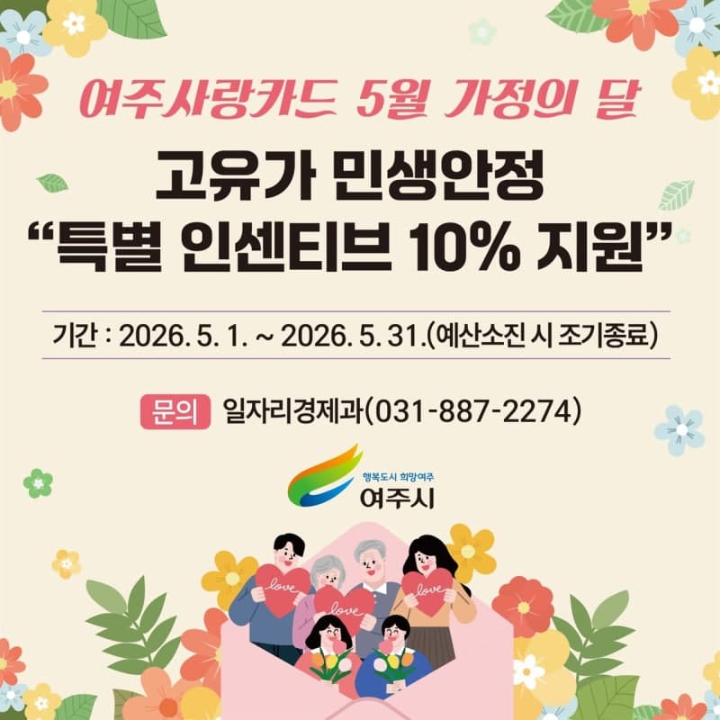 여주시, 가정의 달 5월 맞아 여주사랑카드 인센티브 10% 파격 지원…민생안정 '총력'