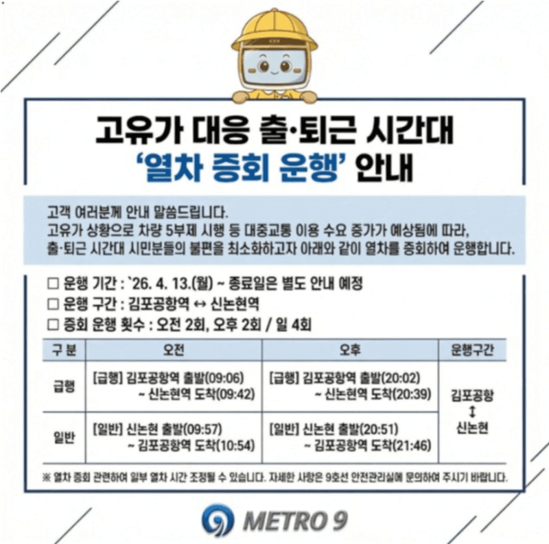 "기름값 무서워" 9호선, '고유가 대응' 혼잡 완화 위해 하루 4회 열차 증회 운행