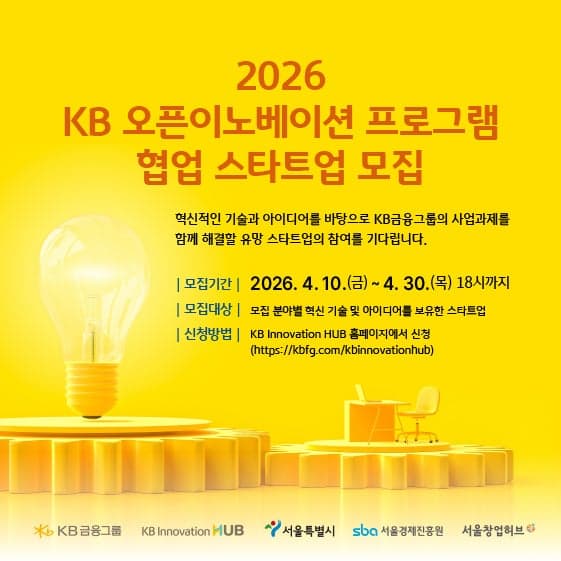 KB금융, '2026 KB 오픈이노베이션' 참여 스타트업 모집…8개 계열사 AI·로봇 실증 지원