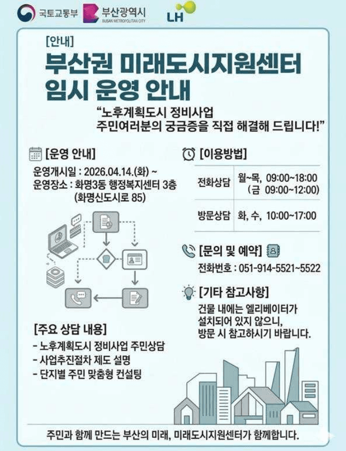 부산시, 비수도권 첫 노후도시 정비 상담센터 개설…"우리 아파트도 재건축?" 현장에서 직접 묻는다