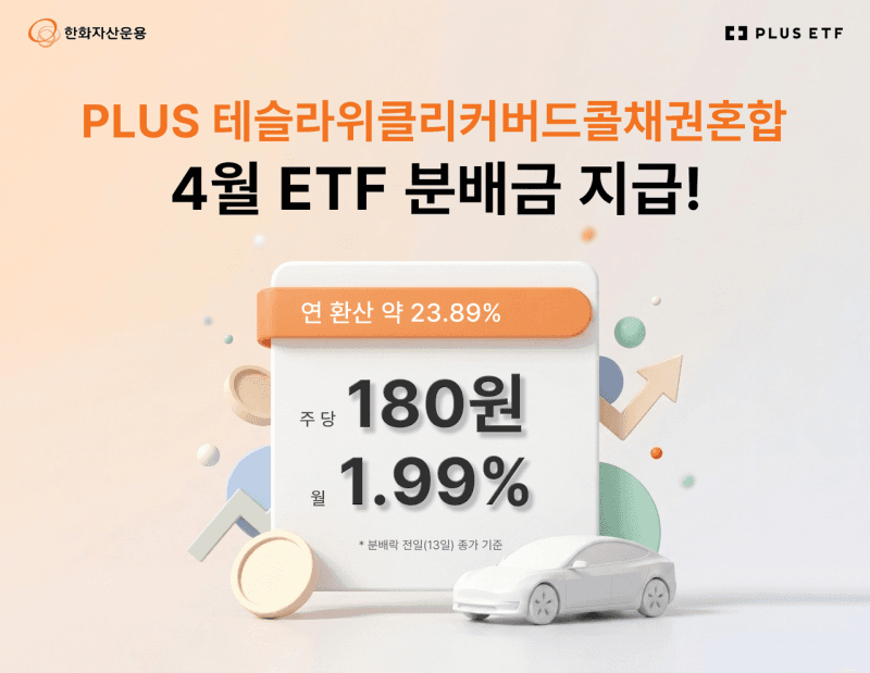 PLUS 테슬라위클리커버드콜채권혼합, 4월 분배금 180원 지급…테슬라 변동성 베팅에 月 2% 배당