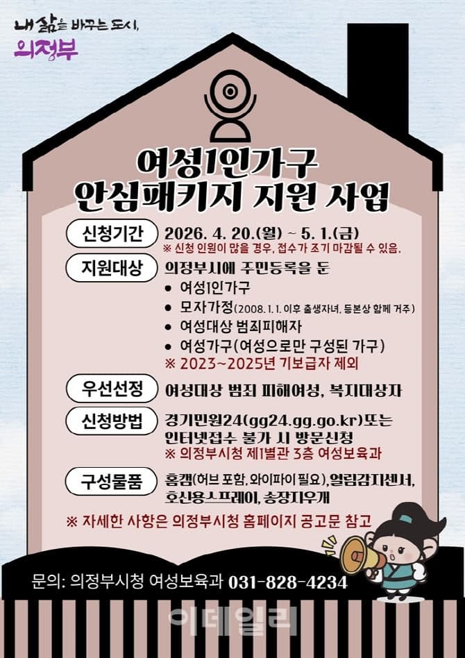 의정부시, 여성 1인 가구에 '안심패키지' 지원…홈캠 등 5종 제공