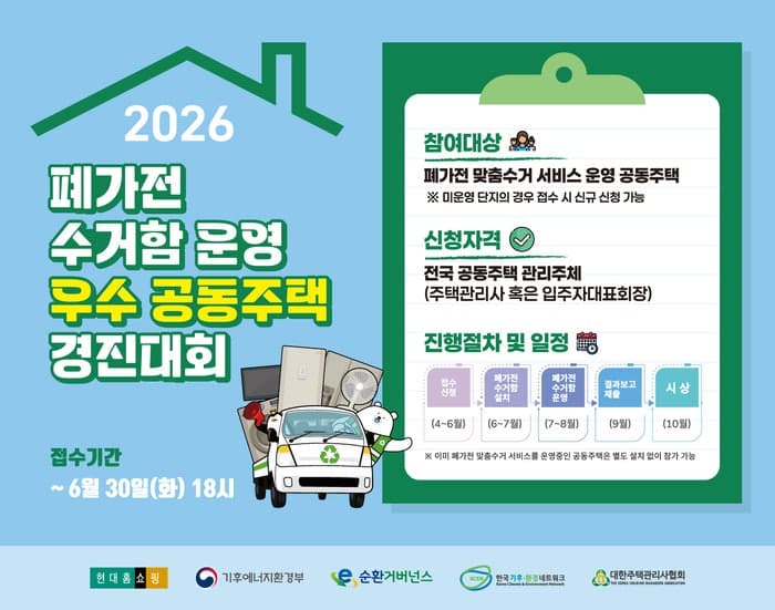 현대홈쇼핑, '폐가전 자원순환' 경진대회 개최…우수 아파트 100곳에 상금 200만원씩