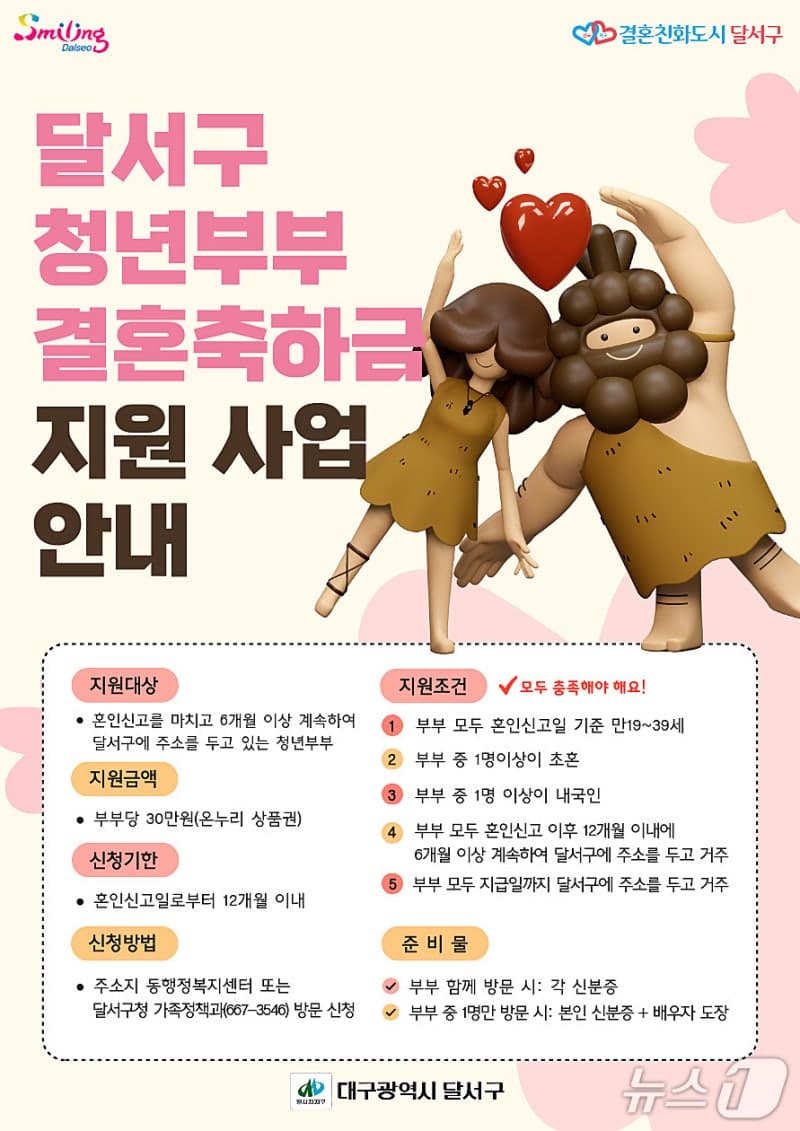 달서구, '청년부부 결혼축하금' 30만원 지원…신혼부부 혜택 챙기세요
