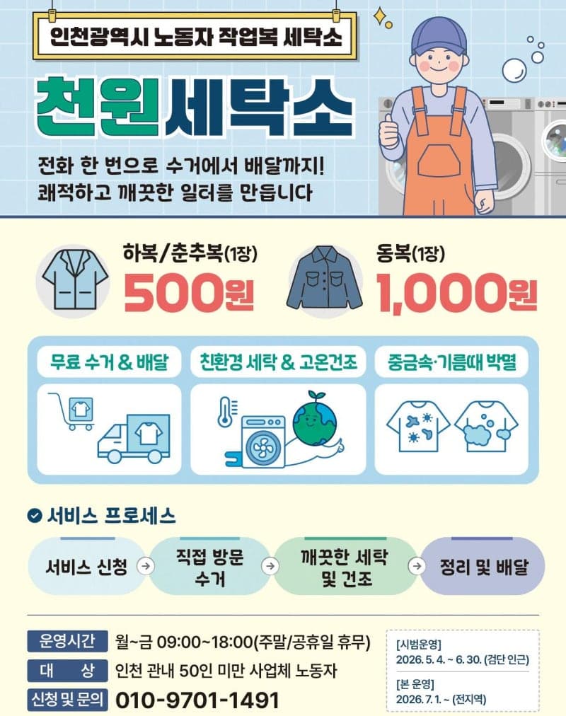 "작업복 세탁 걱정 덜어요" 인천시, '천원세탁소' 개소…1천원에 깨끗하게