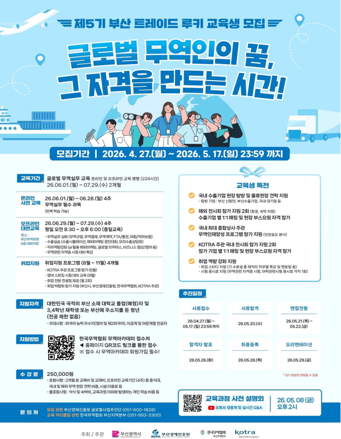 부산시, '제5기 부산 트레이드 루키' 55명 모집…청년 무역인재 양성