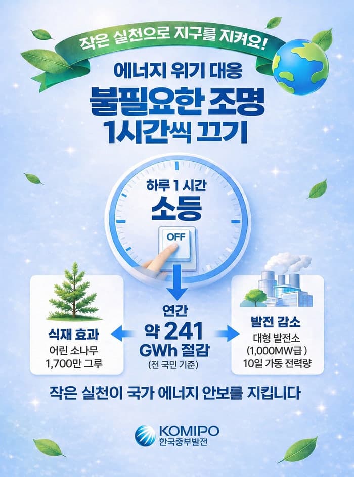 한국중부발전, "하루 1시간 소등하세요" 점심·퇴근시간 일괄 자동소등으로 에너지 절약 릴레이 캠페인 동참