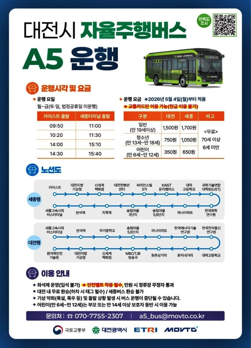 대전시, 5월 4일부터 자율주행버스 유료화 전환…광역버스 수준 요금 적용