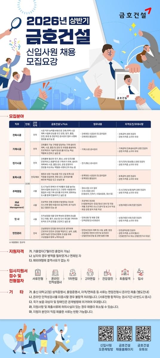 금호건설, "건축·토목·주택 8개 분야" 2026년 상반기 신입사원 공개채용…내달 8일 접수마감