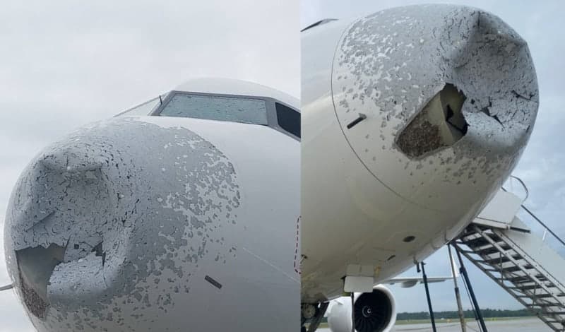 “우박 폭풍”에 기수 뚫린 폴란드 여객기, 긴급 회항…기체 심하게 찌그러져
