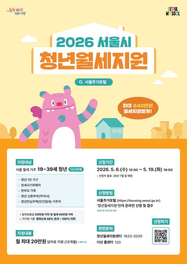 서울시, "청년 월세지원" 전세사기·신혼부부 등 1.5만명에 월 최대 20만원 지원 확대