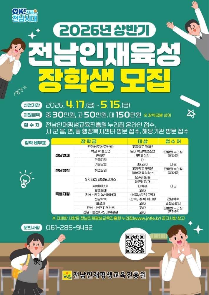 전남도, 인재육성 장학생 845명 15일까지 모집…정착형 장학금 대폭 확대
