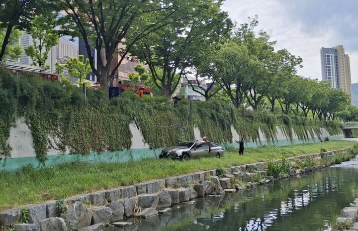 신차 조작법 배우다 '쾅'…대구서 70대 운전자, 승용차 몰고 3m 아래 하천 추락