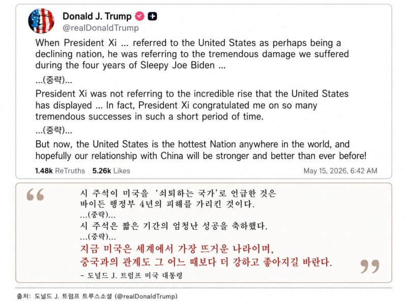 트럼프 "미중 관계, 어느 때보다 강력해지고 좋아지길" 방중 중 SNS 성명