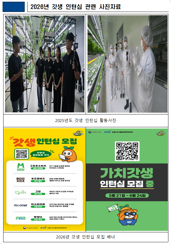 농식품부, 2026년 '갓생 인턴십' 참가자 모집…미래농업서 '갓생' 찾는다