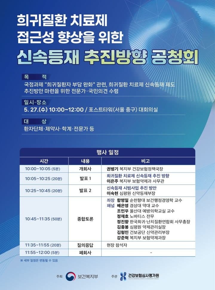 희귀질환 치료제 신속등재 추진 "240일→100일로 단축"…공청회 개최