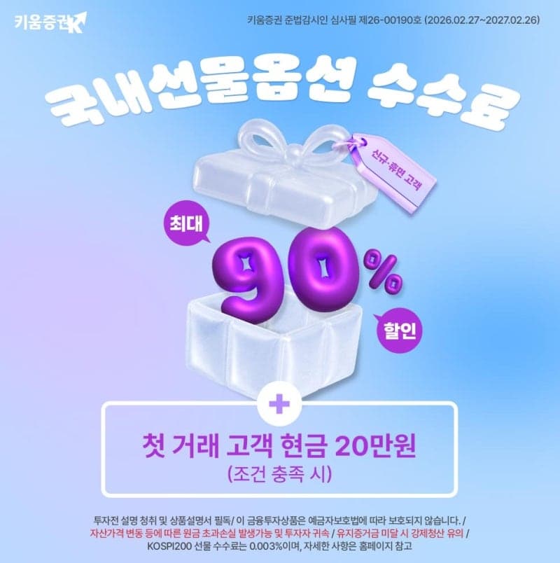 키움증권, 신규·휴면 고객 대상 국내선물옵션 수수료 최대 90% 할인 이벤트