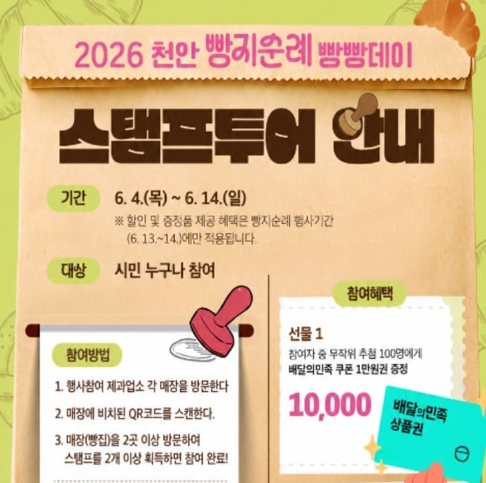 천안시 '빵지순례 빵빵데이' 사전 이벤트…헌혈자 쿠폰 지급 및 모바일 스탬프투어