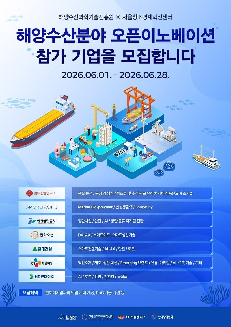 서울창조경제혁신센터·해양수산과학기술진흥원, '2026 해양수산분야 오픈이노베이션' 참여기업 모집