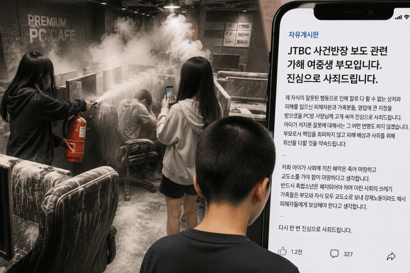 "머리 빡빡 못 밀어 죄송" PC방 소화기 테러 여중생 부모, "촉법소년 폐지돼야" 공개 사죄문