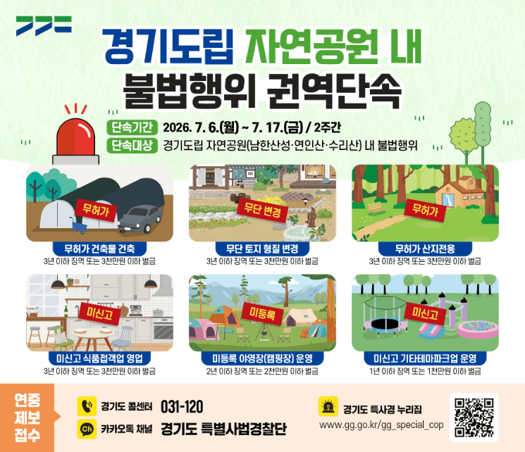 경기 특사경, 여름휴가철 '도립 자연공원' 불법행위 집중 단속