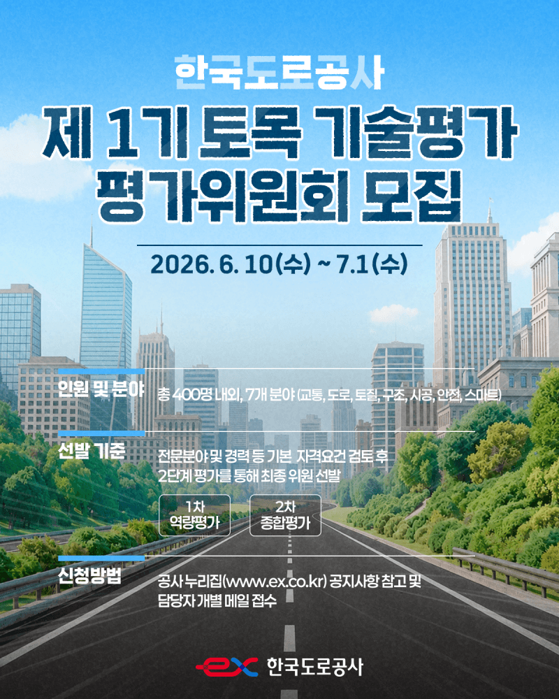 도로공사, "공정성 강화" 토목 기술평가위원 400명 모집