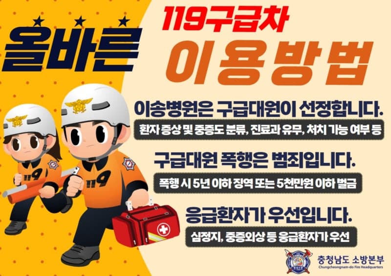 충남서 5년간 구급대원 42명 폭행 피해, 90% 술 취해 범행