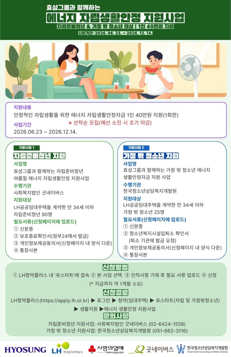 LH, 자립준비청년·가정밖청소년에 냉방비 40만원 지원…효성 기탁금 활용