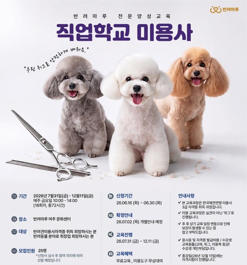 경기도, 반려견 미용사·훈련사 전문인력 무료 양성…30일까지 교육생 모집