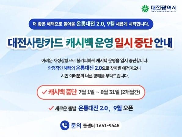 대전사랑카드 캐시백 7~8월 일시 중단, 9월 '온통대전 2.0'으로 재개