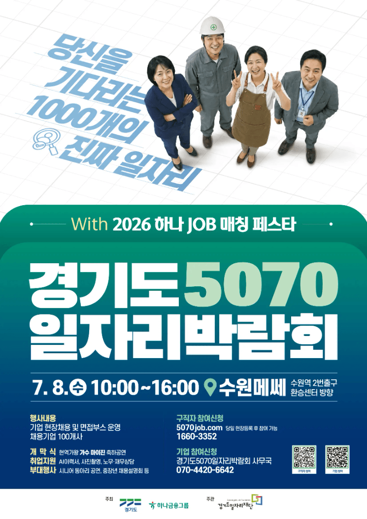 경기도-하나금융그룹, 7월 8일 수원메쎄서 '5070 일자리박람회' 개최