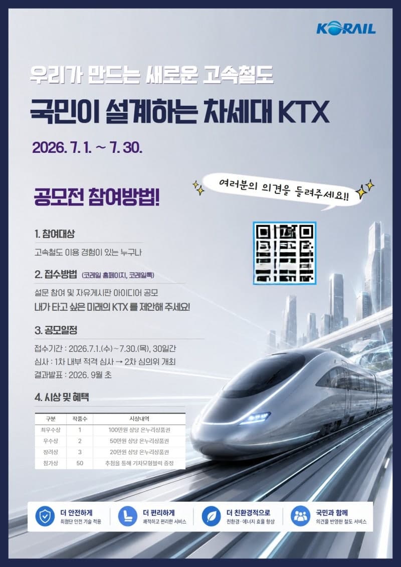 코레일, '내가 만드는 미래 KTX' 차세대 고속열차 국민 아이디어 공모