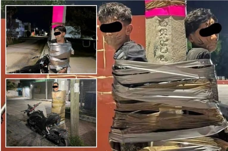 '멕시코 배트맨' 등장?…오토바이 절도범 가로등에 묶어 '도둑놈' 낙서
