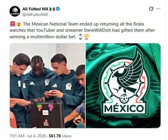 멕시코 축구대표팀, 유튜버에게 받은 롤렉스 시계 FIFA 징계 우려에 반납